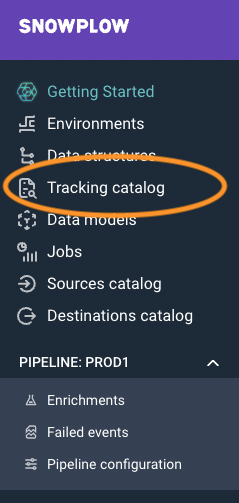 Screenshot of the BDP Console sidebar with the Tracking catalogue menu item highlighted