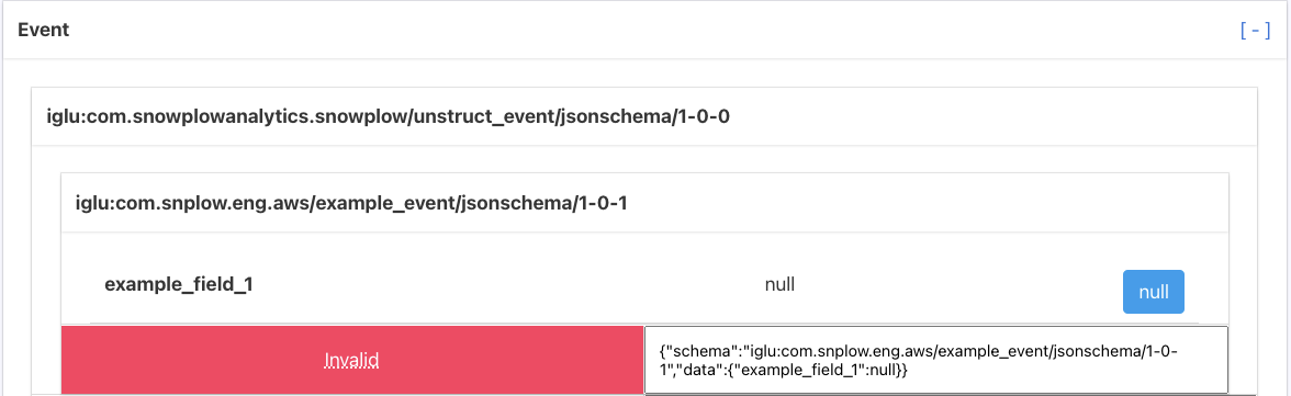 A Self Describing Event called &#39;example_event&#39; is displayed in the Snowplow Inspector extension. It contains a property &#39;example_field_1&#39; with a null value. The extension says the event is Invalid against its schema, signalled by a bright red background.