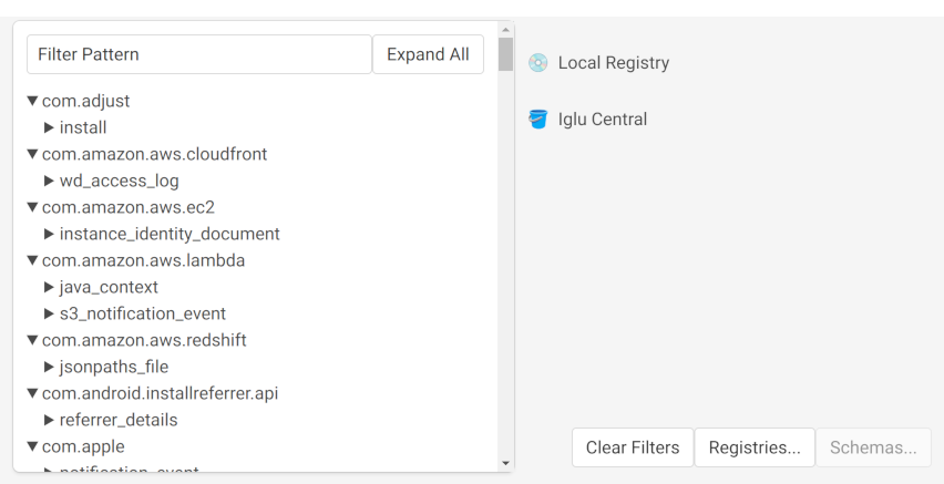 The Snowplow Inspector extension&#39;s Manage Schemas view is shown. Two Iglu registries are listed on the right with buttons for management. The main display has a searchable directory of schemas, grouped by vendor, name, format, and version.