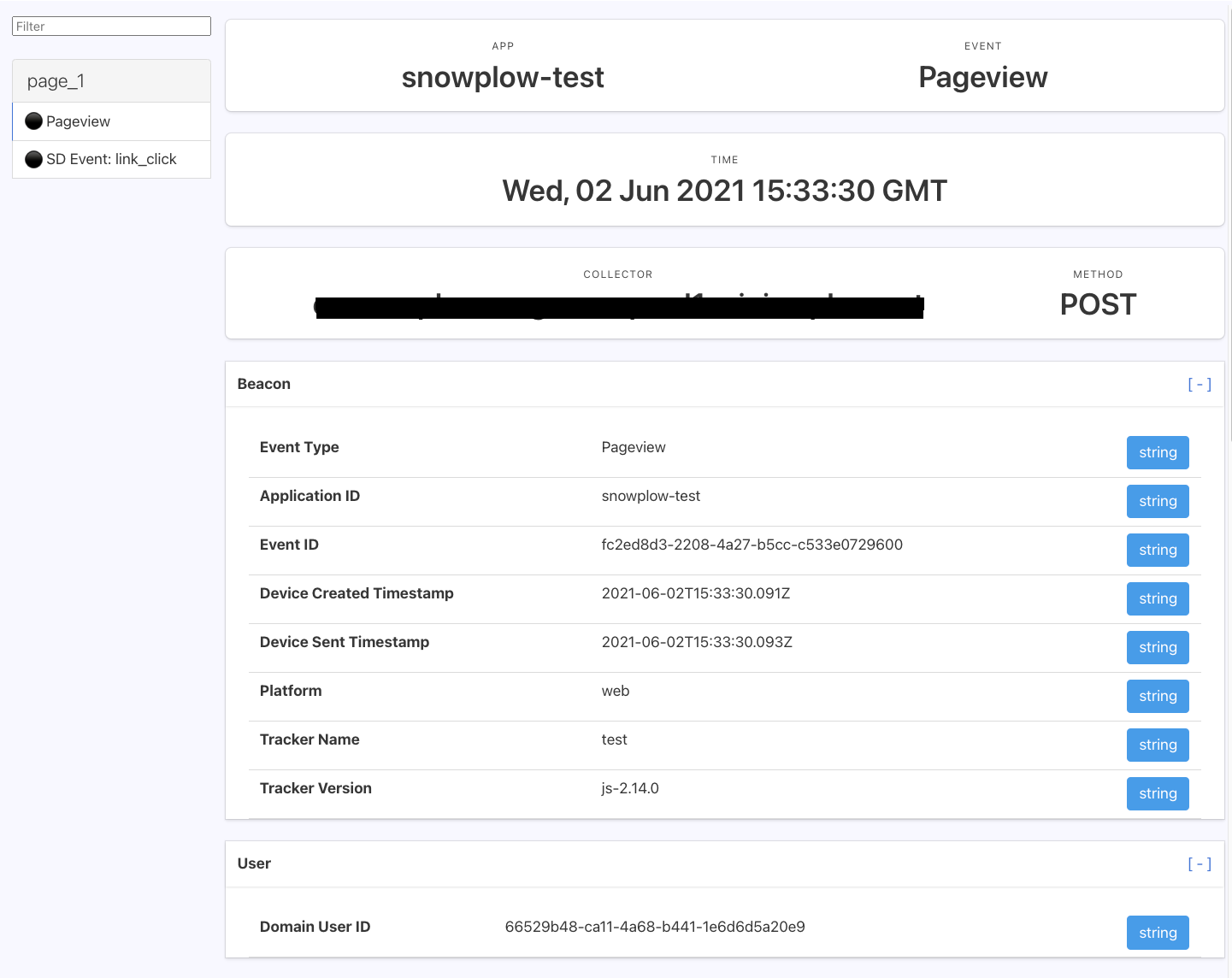 A screenshot of the Snowplow Inspector extension listing two events observed on the current page. A page_view event is selected, detailing the properties collected as a part of that event.